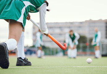 Field, hockey and woman running in game, tournament or competition with ball, stick and team on artificial grass. Sports, team and women play in training, exercise or workout with teamwork on ground