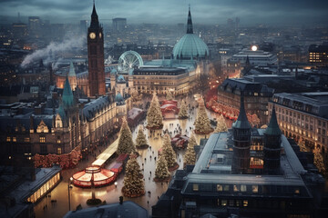 Aerial view of Christmas funfair in London - obrazy, fototapety, plakaty
