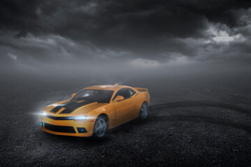 Fototapeta na wymiar 3D Rendering yellow racing car drifting on the track with high speed on rain clouds sky background.