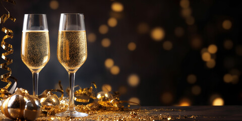 New Year's eve celebration banner with champagne glasses and golden confetti on black background - obrazy, fototapety, plakaty