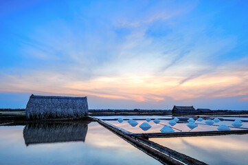 Sunset on the salt fields in Can Gio district, Vietnam.