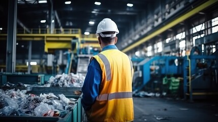 Mechanical engineer inspects waste recycling system in factory.