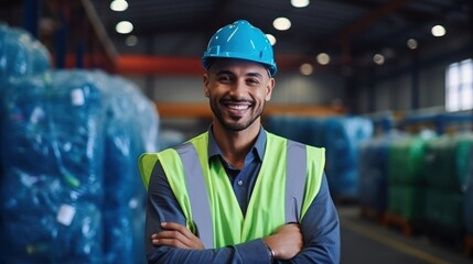 Mechanical engineer inspects waste recycling system in factory. - obrazy, fototapety, plakaty