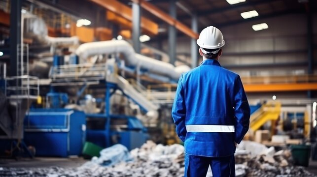 Mechanical engineer inspects waste recycling system in factory.
