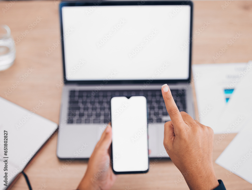 Poster person, hands and phone with laptop mockup for online marketing, web design or app at office. closeu
