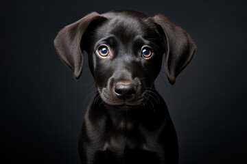 Portrait of black cute puppy dog looking at camera on black background. Copy space, pet, animals, dogs, puppy concept