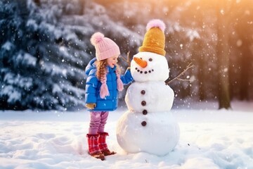 A little girl makes a snowman for the New Year. Snow is blowing, forest in the background. The girl is wearing a hat, jacket and boots. - obrazy, fototapety, plakaty