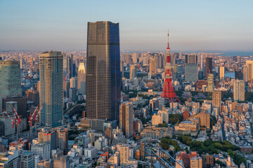 Obraz premium 夕暮れの東京タワーと東京都心の都市風景