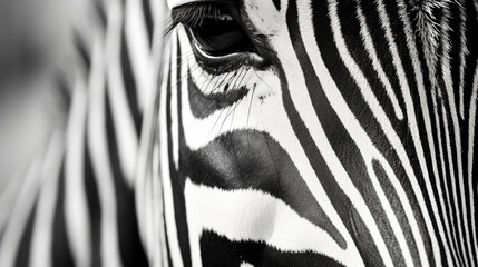 Monochrome, shallow depth of field image of a zebra with head and eye in focus and stripes in...