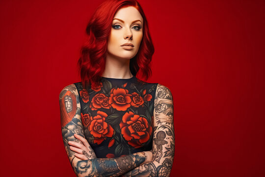 Portrait of a beautiful red hair girl with tattoos, posing