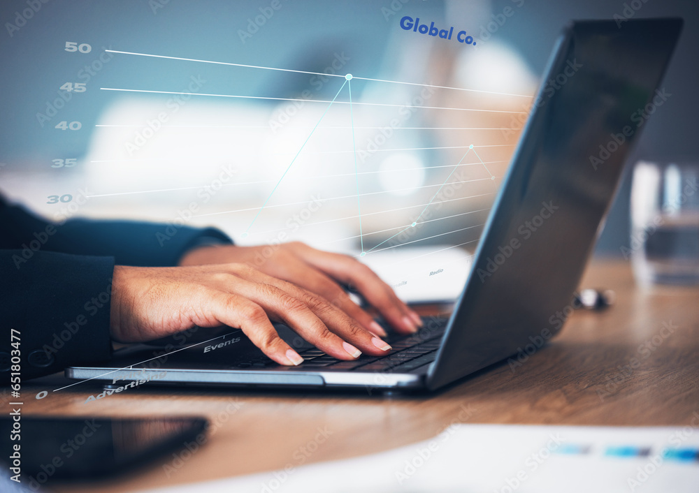 Poster hands, person and typing with overlay on laptop for digital transformation, big data and work databa