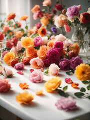 Fototapeta premium Generative KI bunte Blüten und Blumen auf weißem Tisch