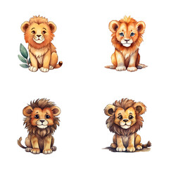 set of cute lion watercolor illustrations for printing on baby clothes, sticker, postcards, baby showers, apps, games and books, Safari jungle animals vector