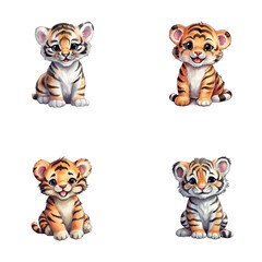 set of cute tiger watercolor illustrations for printing on baby clothes, sticker, postcards, baby showers, apps, games and books, Safari jungle animals vector