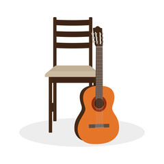 Guitar near a chair on a white background