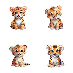 set of cute tiger watercolor illustrations for printing on baby clothes, sticker, postcards, baby showers, apps, games and books, Safari jungle animals vector
