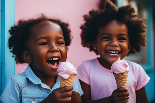 Two happy dark skinned children eating ice cream Summer, vacation, childhood, motherhood, food concept. Mom treats siblings to ice cream. Kids aged 2 and 3 years eating ice cream
