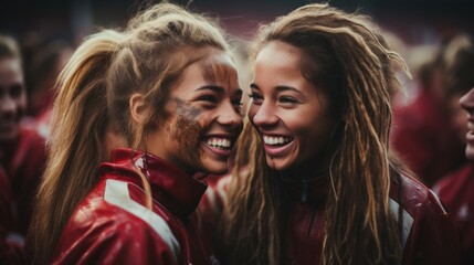 Happy Teenage female football team players after winning the game. generative ai