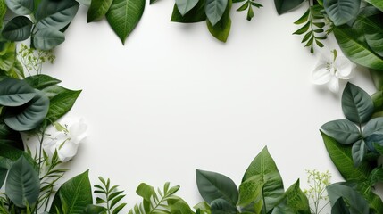 Fototapeta premium Green leaves with white empty space in the middle. leaves flat lay on the border, space for text or image, generative ai