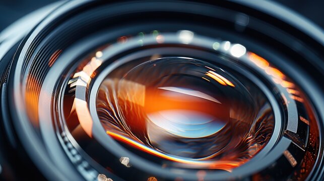 Camera lens macro close-up, the lens front element glass reflecting light. generative ai