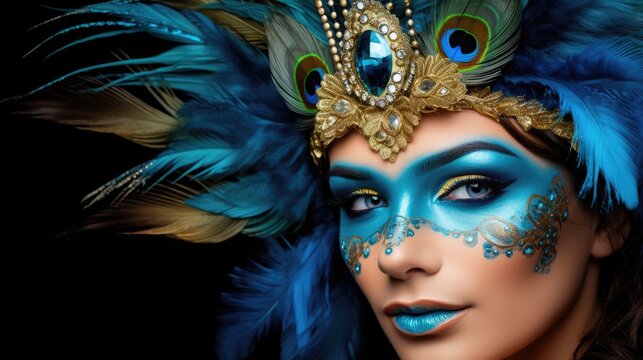 Face painted woman portrait, beautiful carnival woman with blue feathers makeup. generative ai