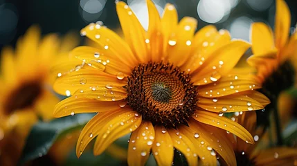 Rolgordijnen Sunflower close-up shot, water droplets on the yellow sunflower petals. generative ai © nilanka