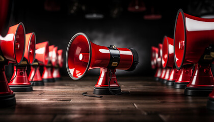 Red megaphone on black background. - obrazy, fototapety, plakaty
