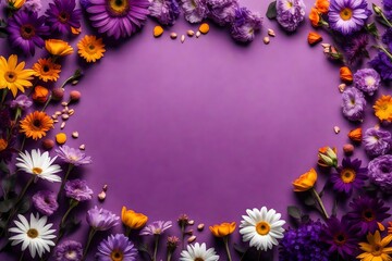 Assorted flowers frame on purple background with blank space for text. Holiday concept. Copy space. Violet floral border 