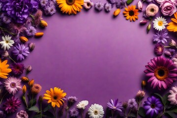 Obraz premium Assorted flowers frame on purple background with blank space for text. Holiday concept. Copy space. Violet floral border 