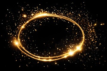 Fototapeta na wymiar Gold glitter circle of light shine sparkles and golden spark particles spin trail on black background. Christmas magic stars glow, firework confetti of glittery ring shimmer 