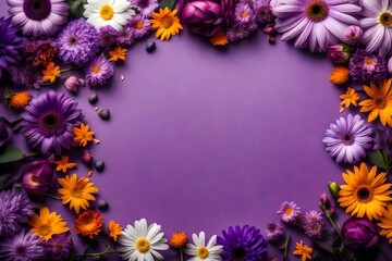 Assorted flowers frame on purple background with blank space for text. Holiday concept. Copy space. Violet floral border 