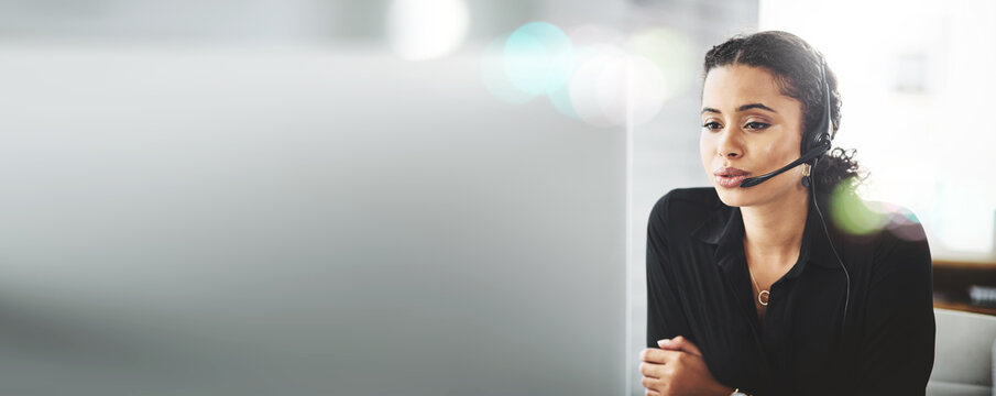 Business woman, call center and computer for communication mockup, customer service or support consultant. Professional agent or telecom worker talking on desktop for contact us or e commerce banner