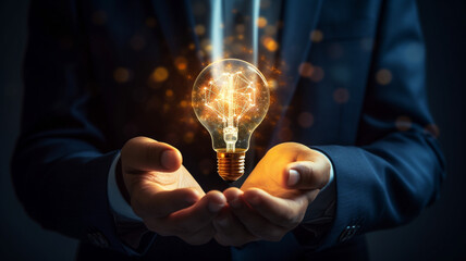 Innovation, new ideas, creative and inspirational concepts. Hands of a businessman holding a light bulb and a brain with data network digital technology. Generative Ai