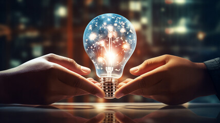 Machine learning, Hands of robot and human touch on the big data network, Brain data creative in a light bulb, Science and artificial intelligence technology. Generative Ai