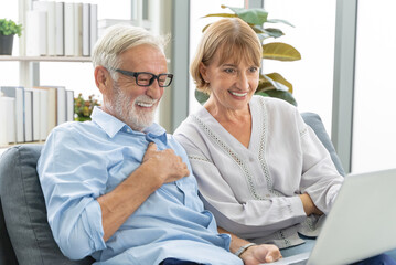 relaxed mature couple using laptop computer shopping online in the living room.