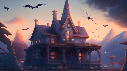 scarry castle halloween with flying bat - obrazy, fototapety, plakaty