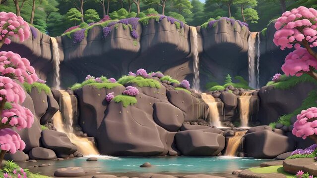animated waterfall under the trees and decorated with flowers blooming on the rocks