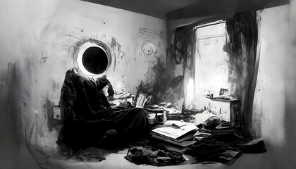 sad man writting in messy room with a black hole in a corner black and white post punk realistic 8k  - obrazy, fototapety, plakaty