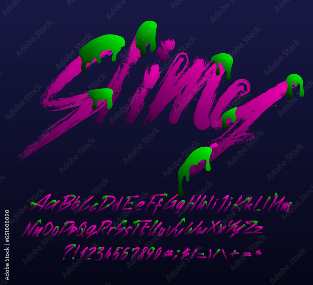 Fototapete slimy alphabet font. messy brush stroke letters and numbers with a green slime. uppercase and lowerc