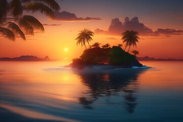 An island in the middle of the sea during a beautiful sunset.