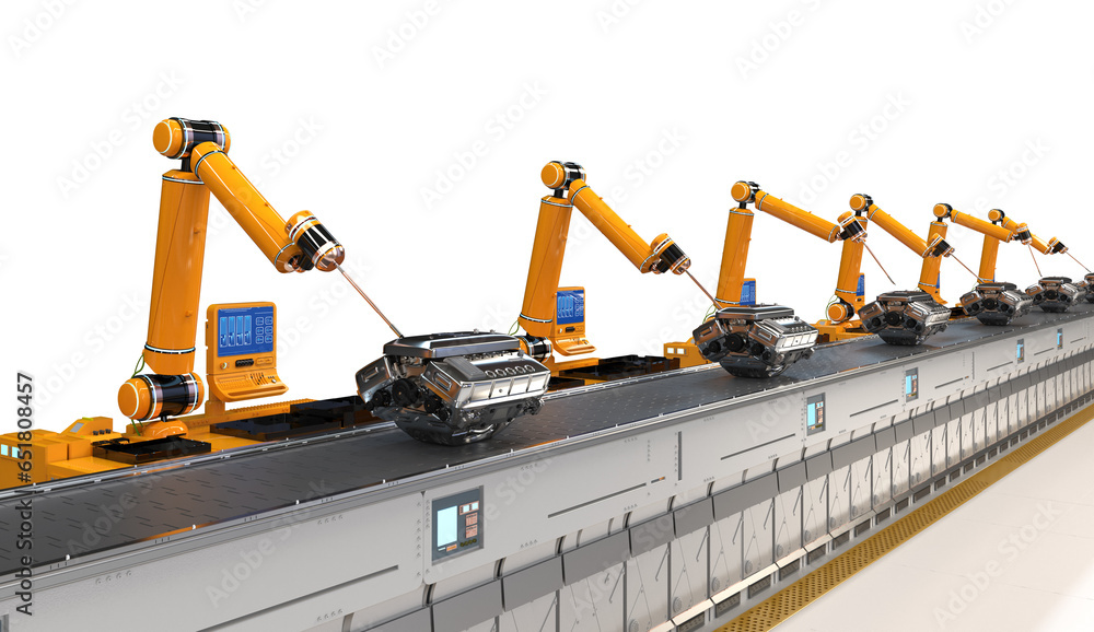 Aufkleber automation automobile factory with robot assembly line with car engine or machine in factory