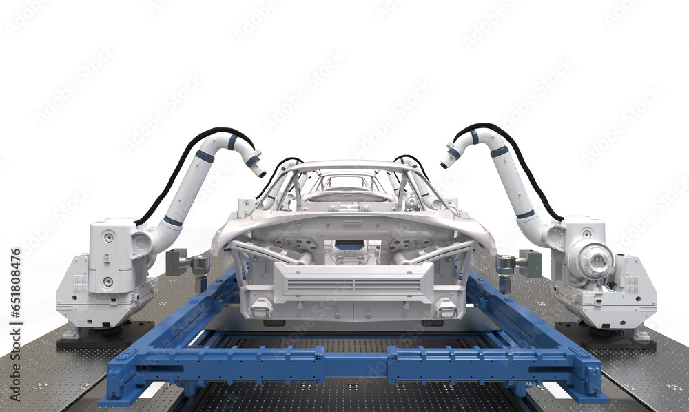 Poster automation automobile factory with robot airbrush painting in car factory