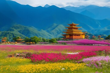 A pavilion with a field of flowers surrounding it, behind which are mountains. In nature that looks beautiful - obrazy, fototapety, plakaty