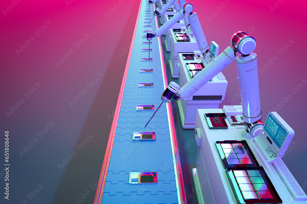 Poster robot assembly line with smartphone in factory