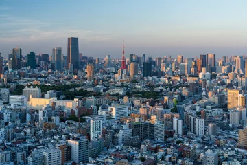 Raamstickers 夕暮れの東京タワーと東京都心の都市風景 © Hiroyoshi Kushino