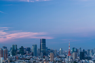マジックアワーの東京タワーと東京都心の都市風景