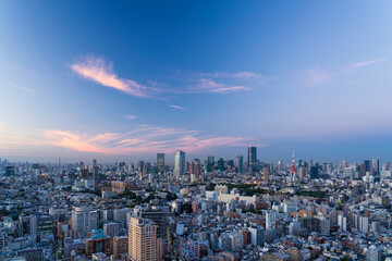 マジックアワーの東京タワーと東京都心の都市風景 - obrazy, fototapety, plakaty