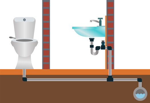 Washbasin, toilet and drain diagram parts, toilet and sink plumbing system vector illustration