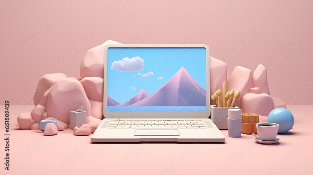 Wall mural business computer and workspace 3d render ai generated