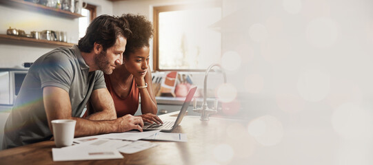 Laptop, space and an interracial couple in their home for investment planning, finance budget or...